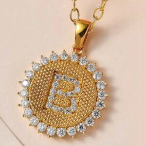 Moissanite Initial B Sun Medallion Coin Pendant with Cable Chain